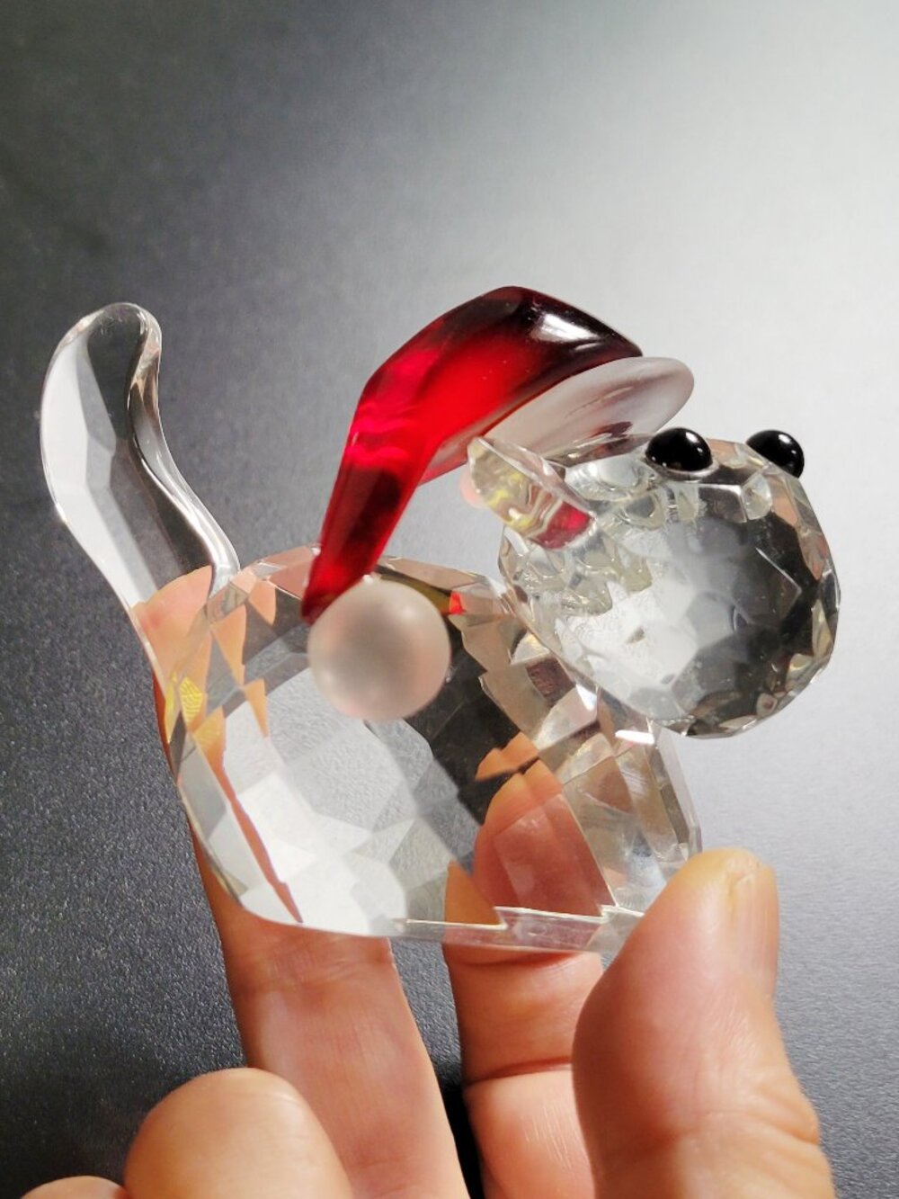 Large 3" Faceted Crystal Cat with Red Santa Hat, Cute Animal Figurine Christmas
